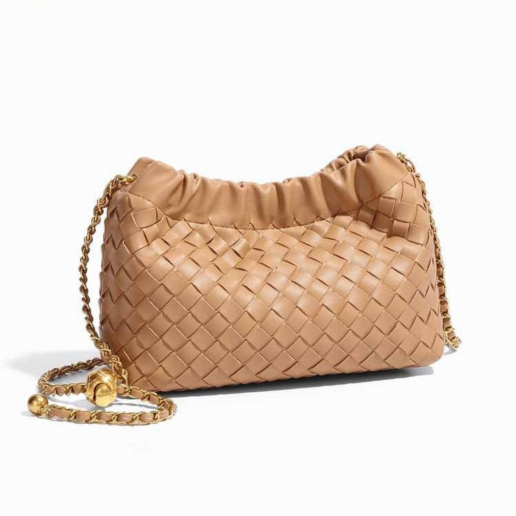 Cloud-shaped Woven Handbag With Gold Beads Chanel-style Chain And Shouldercrossbody Strap