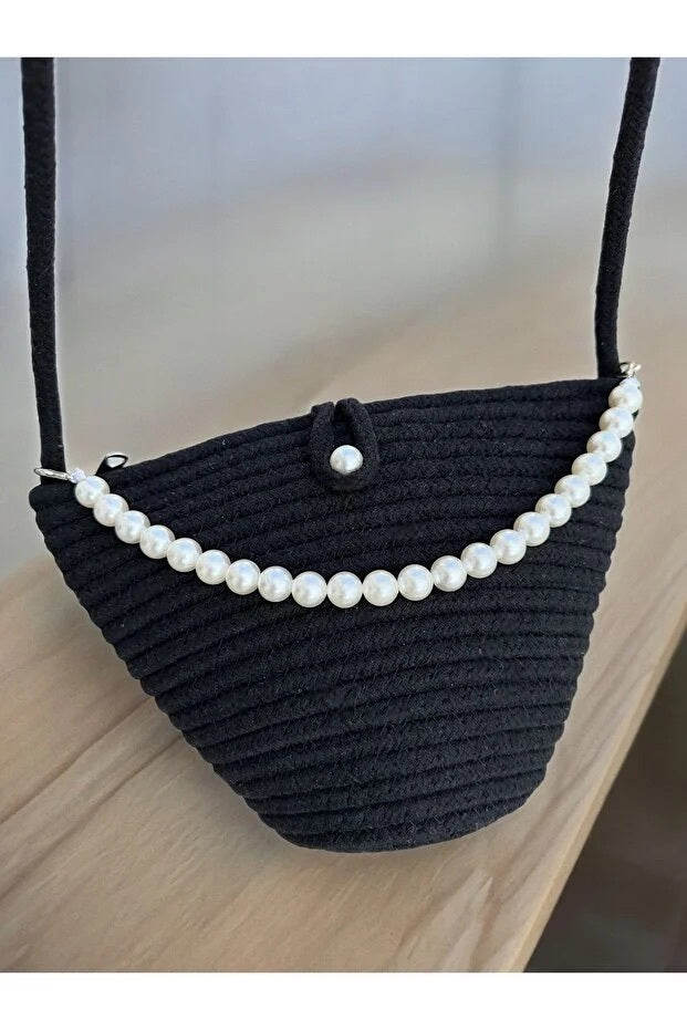 Women Black Pearl Design Classic Shoulder Bag Elegant Daily Handbag