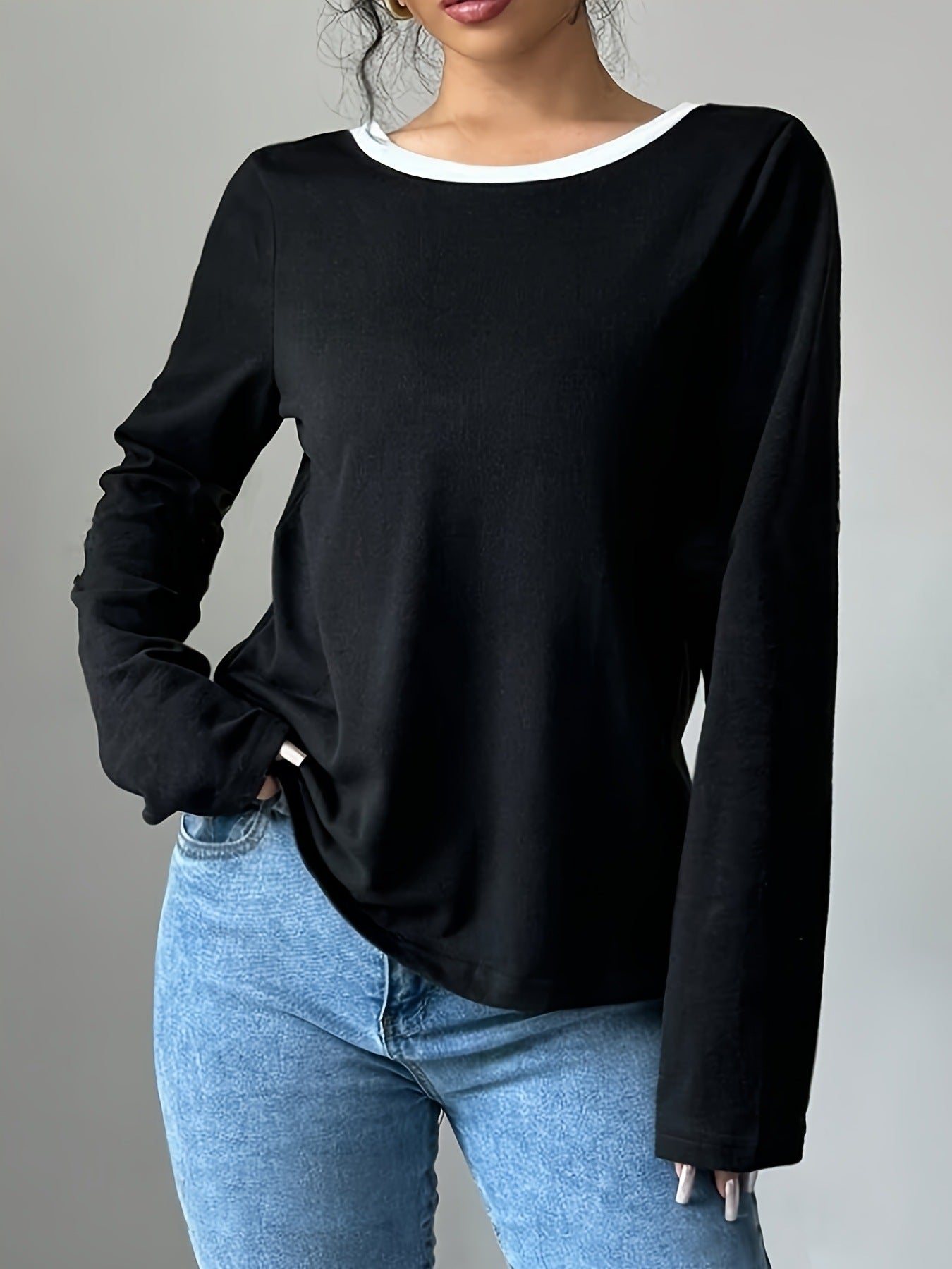 Women's Trendy Round Neck Two-Piece Illusionknit T-Shirt Full Sleeve Base Layer Top Crew Neck Design