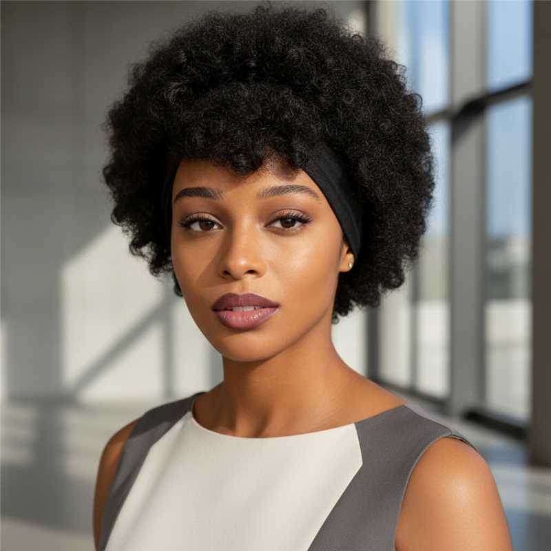Natural Black Short Afro Kinky Curly Wig WithAttachedHeadbands Glueless Synthetic Wear And Go ForBlackWomen Fluffy Bouncy Afro Wigs