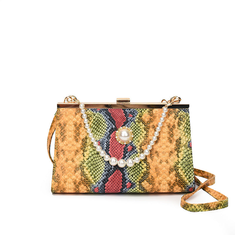 New Vintage Snake-pattern Pearl-chain Evening Bag