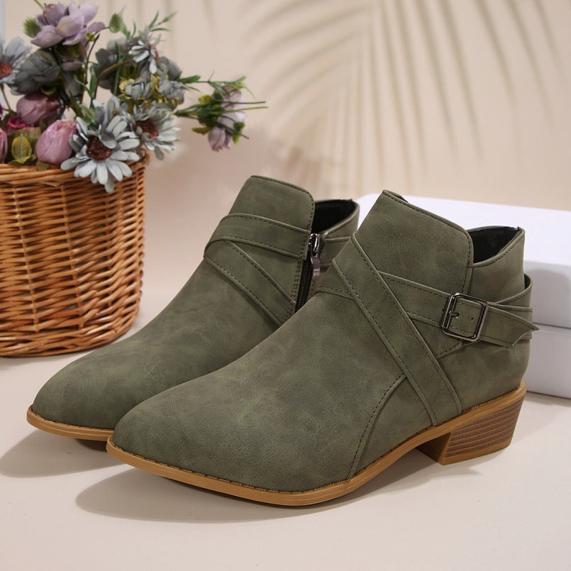 Fashionable Chunky-Heel Leather Belt-Clasp Side-Zip Ankle Boots