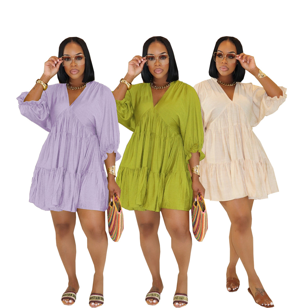 Womens Solid-Color Casual V-Neck Loose Pleated Dress
