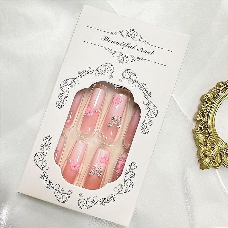 24 PCS Flower Diamond Butterfly Nail Art, Long Length Long Water Pipe Fake Nails,Square Head Nail Tips False Nail
