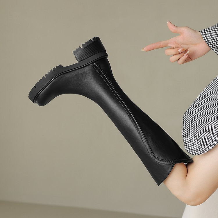 Spring And Autumn Velvet-lined Retro Long Riding Boots With Back Zipper