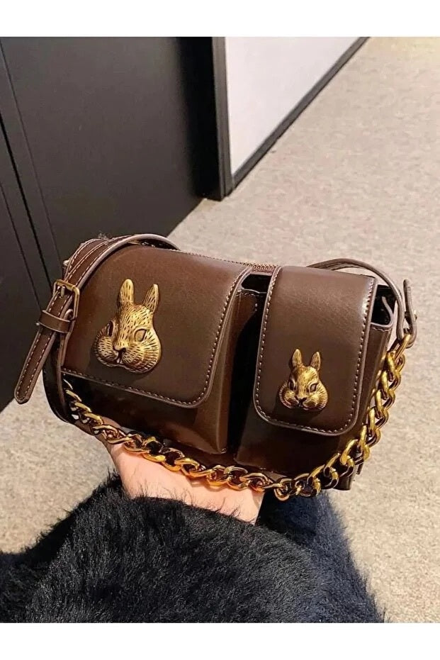 Women Brown Baguette Bag With Squirrel Accessory Design Stylish Shoulder Handbag