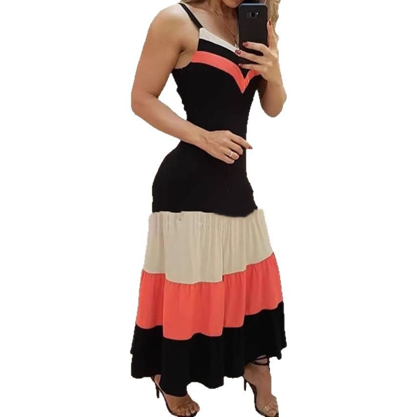 V-neck Black Panel Contrast Color Sling Dress In Stock
