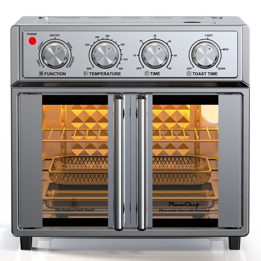 29.5 QT Air Fryer Convection Toaster Oven, French Door, 6 Slices, 1700W, Multifunction Oven, Air Fryer, Toast, Grill, Defrost, Bake, Time And Temperature Controls, Silver