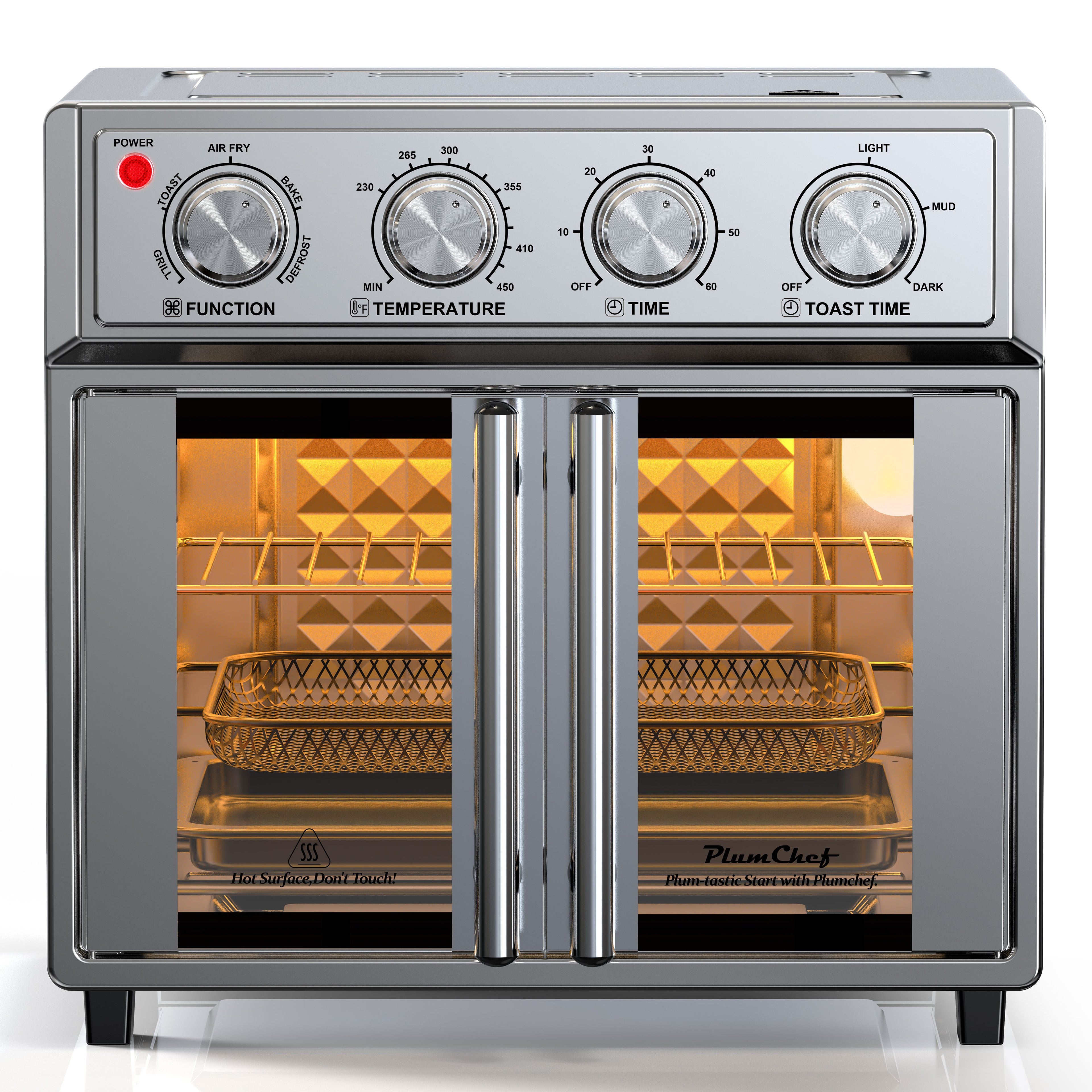 29.5 QT Air Fryer Convection Toaster Oven, French Door, 6 Slices, 1700W, Multifunction Oven, Air Fryer, Toast, Grill, Defrost, Bake, Time And Temperature Controls, Silver