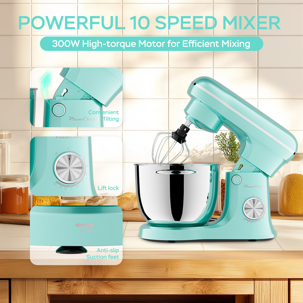 6QT & 5QT Dual Bowls Stand Mixer, 10 Speed Tilt-Head With Electronic Timer, Dough Mixer, Dishwasher Safe, Stainless Steel Bowls, Dough Hook, Flat Beater, Whisk For Baking,  Blue
