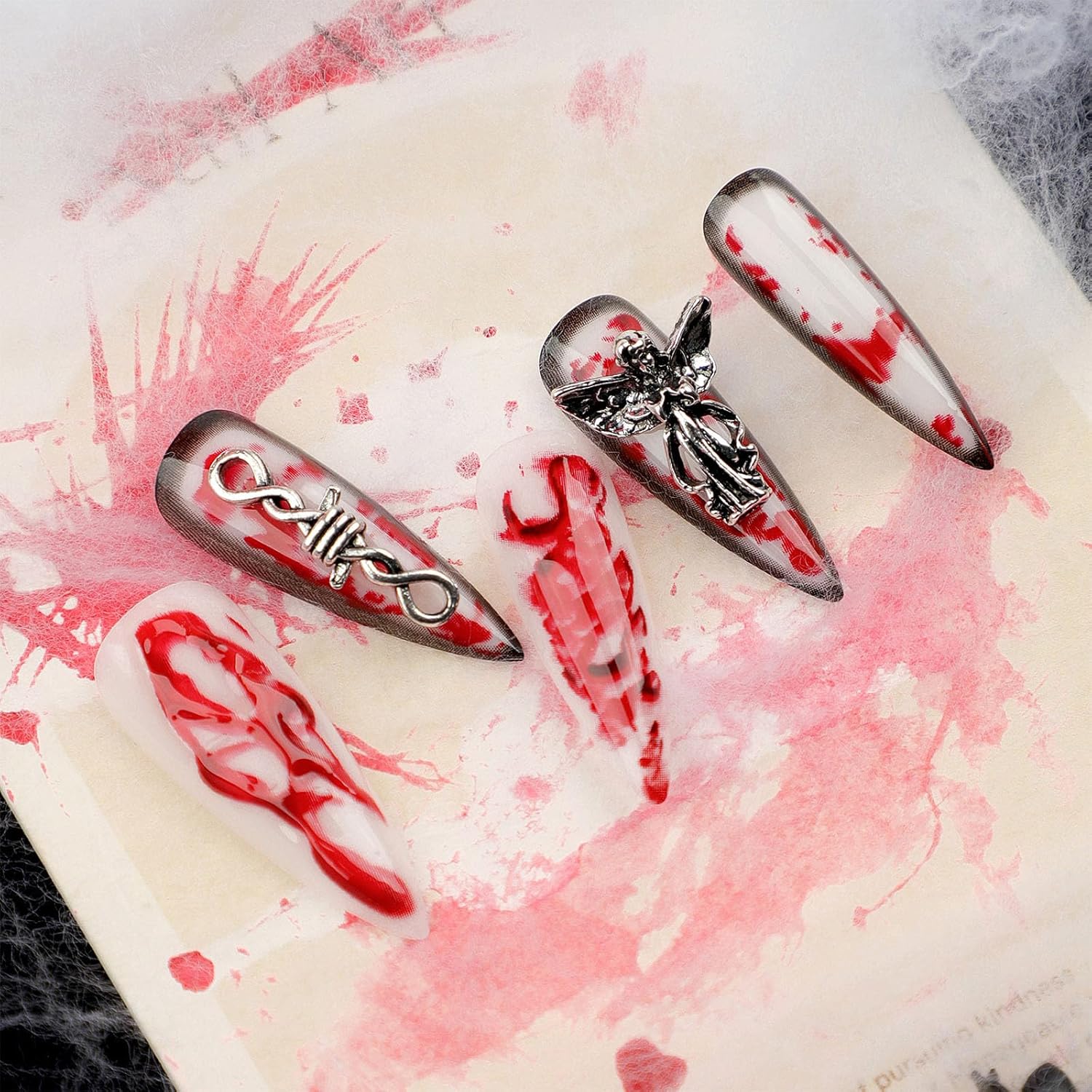 24 PCS Extra Long Teardrop-shaped Wearable Nail Art, Terrifying Angel Nail Art, 3D Blood-colored Fake Nails