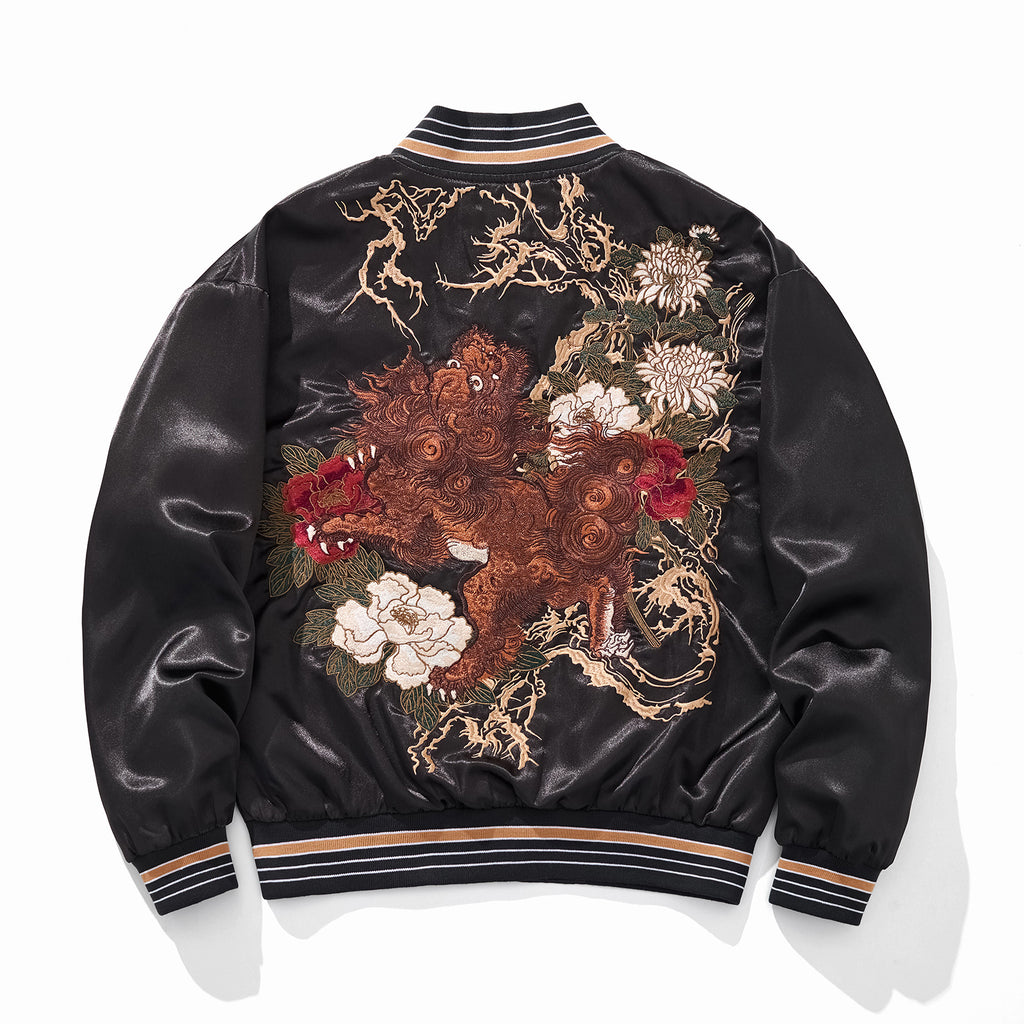 Heavy Duty Embroidered Peony And Kylin Mens Casual Baseball Jacket