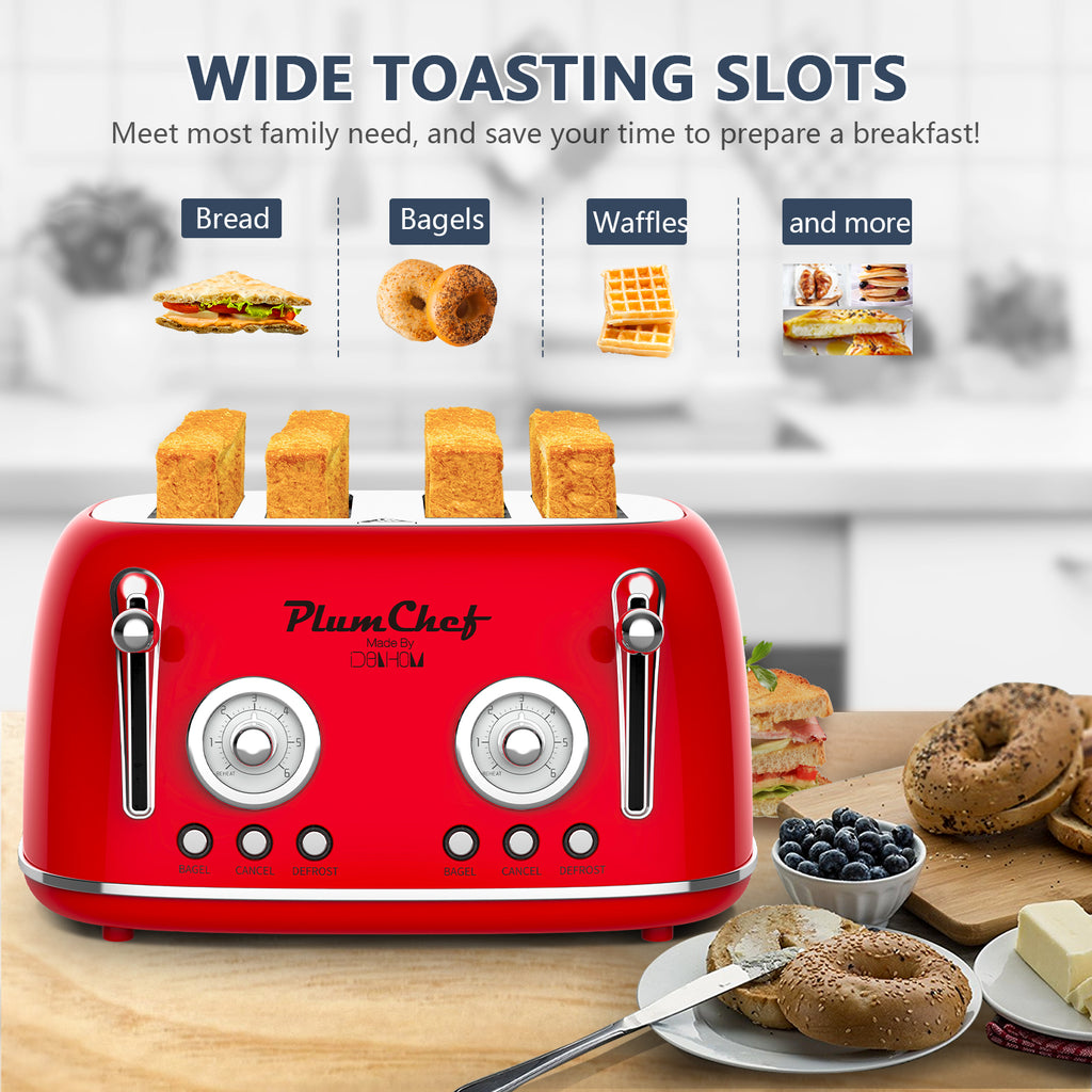 4 Slice Retro Toaster, Dual Control Toaster, 6 Settings, Bagel, Defrost, Removable Crumb Tray, Stainless Steel Housing, 1650W, Red