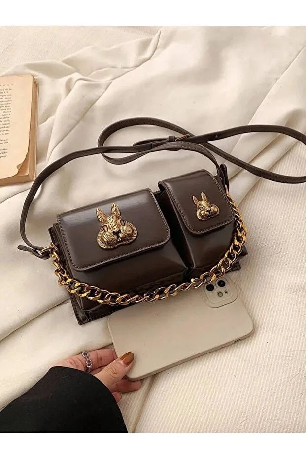 Women Brown Baguette Bag With Squirrel Accessory Design Stylish Shoulder Handbag
