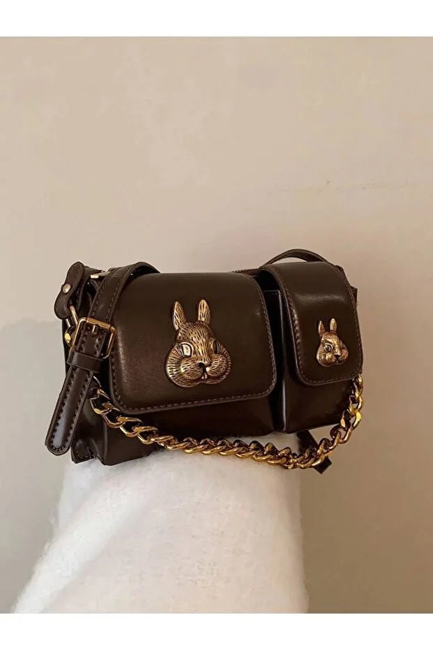 Women Brown Baguette Bag With Squirrel Accessory Design Stylish Shoulder Handbag