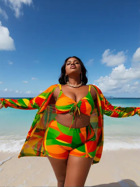 Plus Size Multi-Color Patchwork Printed V-Neck Camisole Boxer Shorts Slim Fit Covering Women's Beach Vacation Swimsuit Three-Piece Set