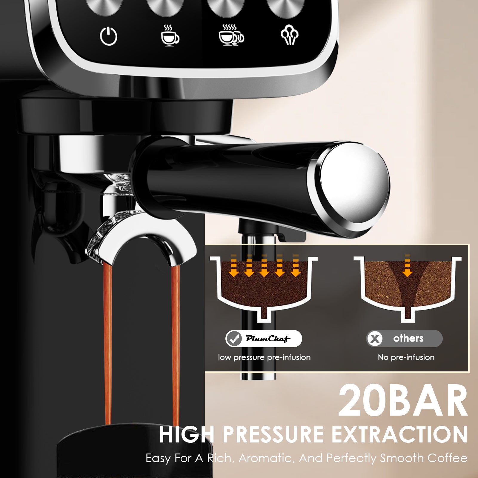 20 BAR Slim Espresso Machine With Milk Frother, Cup Warmer, 43 OZ Detachable Tank, For Espresso, Americano, Latte, Space-Saving, Screen Button, Black