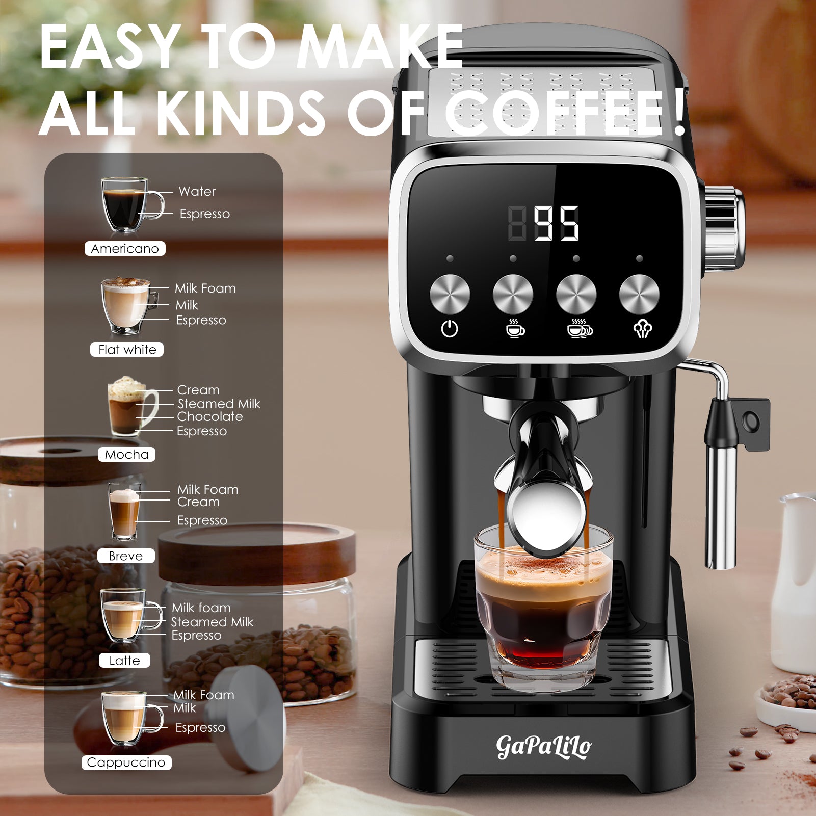 20 BAR Slim Espresso Machine With Milk Frother, Cup Warmer, 43 OZ Detachable Tank, For Espresso, Americano, Latte, Space-Saving, Screen Button, Black