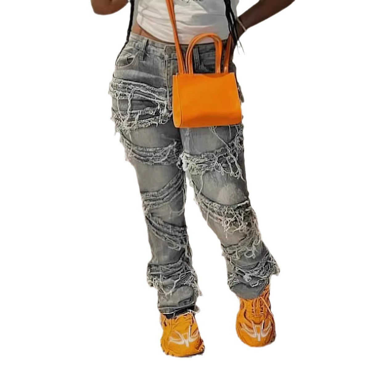 Laminated Ripped Washed Straight Tassle Fashion Casual Jeans