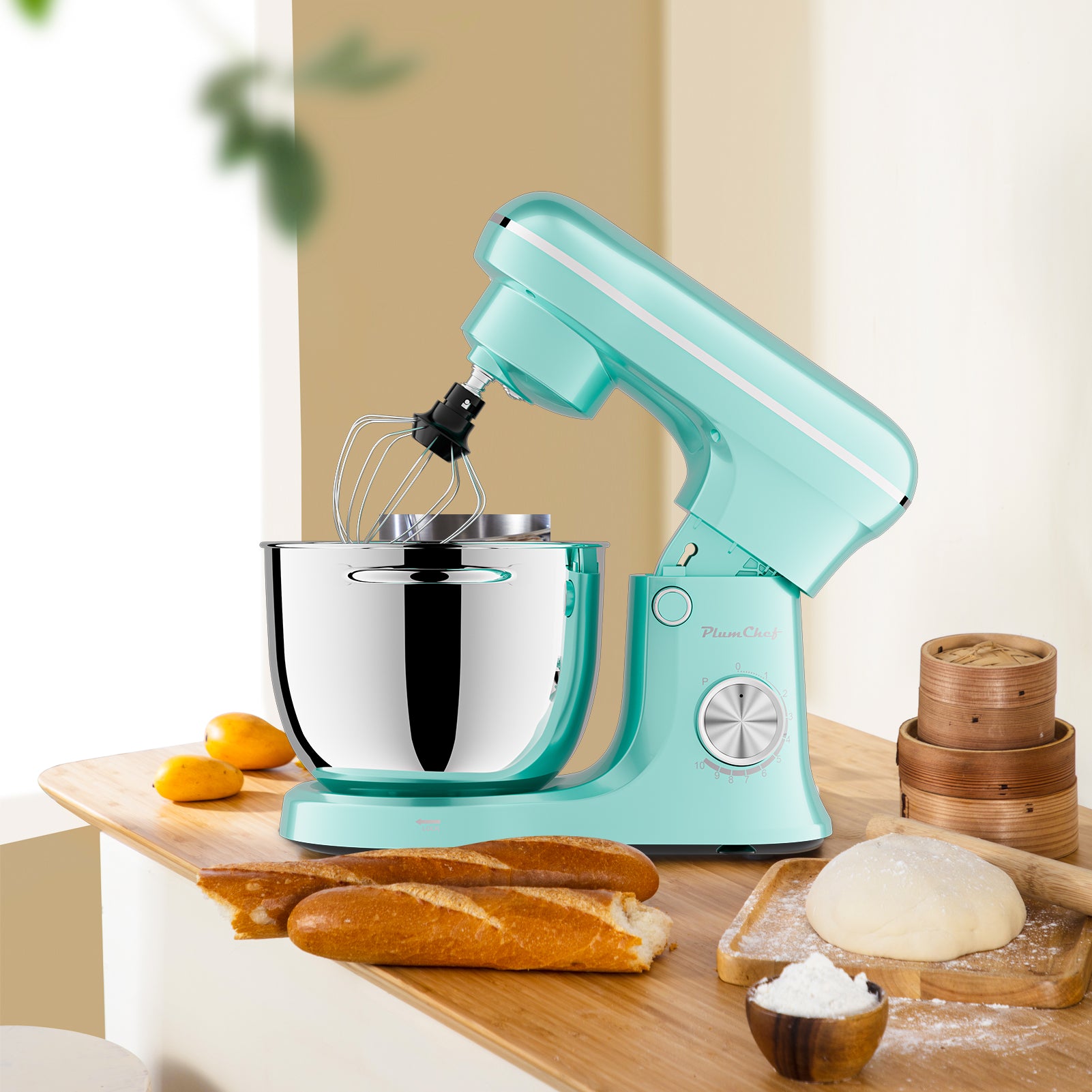 6QT & 5QT Dual Bowls Stand Mixer, 10 Speed Tilt-Head With Electronic Timer, Dough Mixer, Dishwasher Safe, Stainless Steel Bowls, Dough Hook, Flat Beater, Whisk For Baking,  Blue