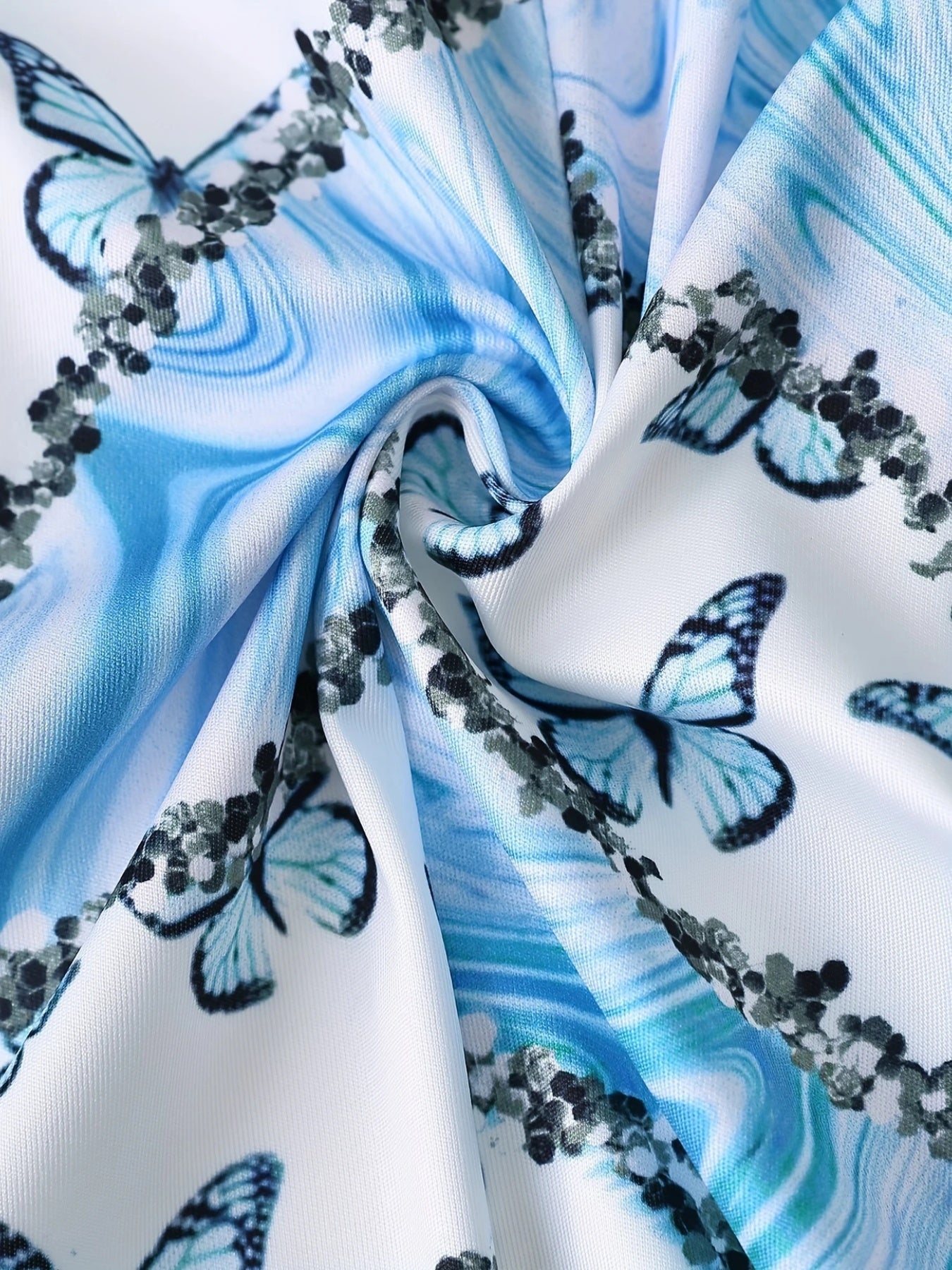 New Elegant And Fashionable Two-piece Set, Featuring A Blue Butterfly Marble Gradient Print Lapel Double Breasted Long Sleeved Suit Jacket And Solid Color High Waisted Slim Pants, To Be Your Own