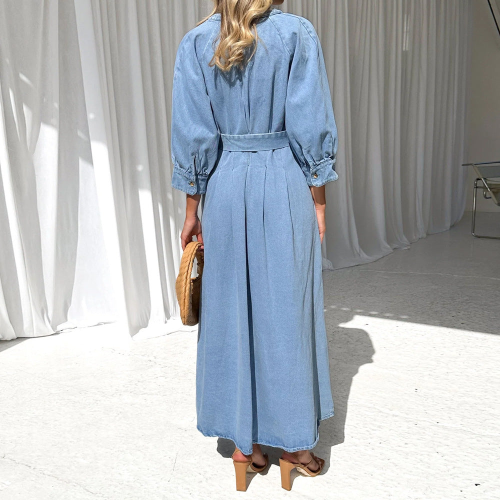 V-neck Lace-up Waist Trimming Casual Button Denim Dress