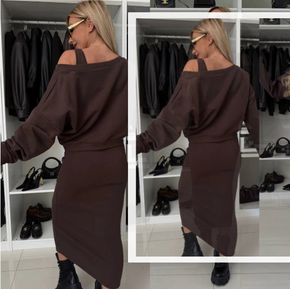 Women's Two Piece Dress Suit Fashion Long-sleeved  V-neck Pullover Sweatshirt And Sleeveless Dresses Set