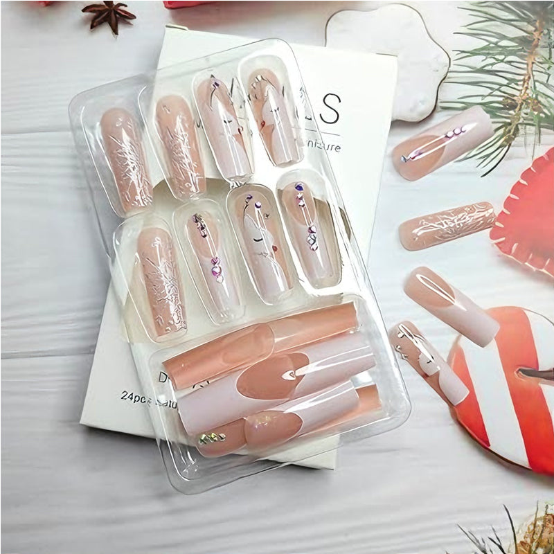 24 PCS Diamond Deer Snowflake Nail Art, Long Length Long Water Pipe Fake Nails,Square Head Nail Tips False Nail