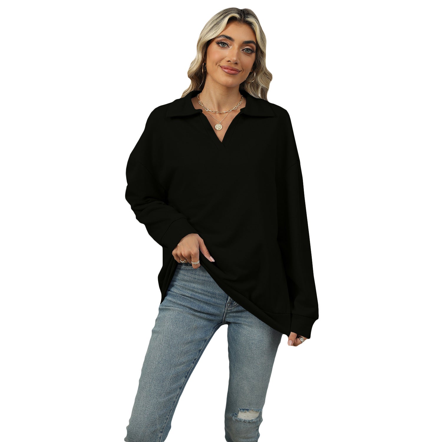 New Lapel V-neck Sweatshirt Fashion Casual Loose Solid Color  Long-sleeved Pullover Top For Womens Clothing