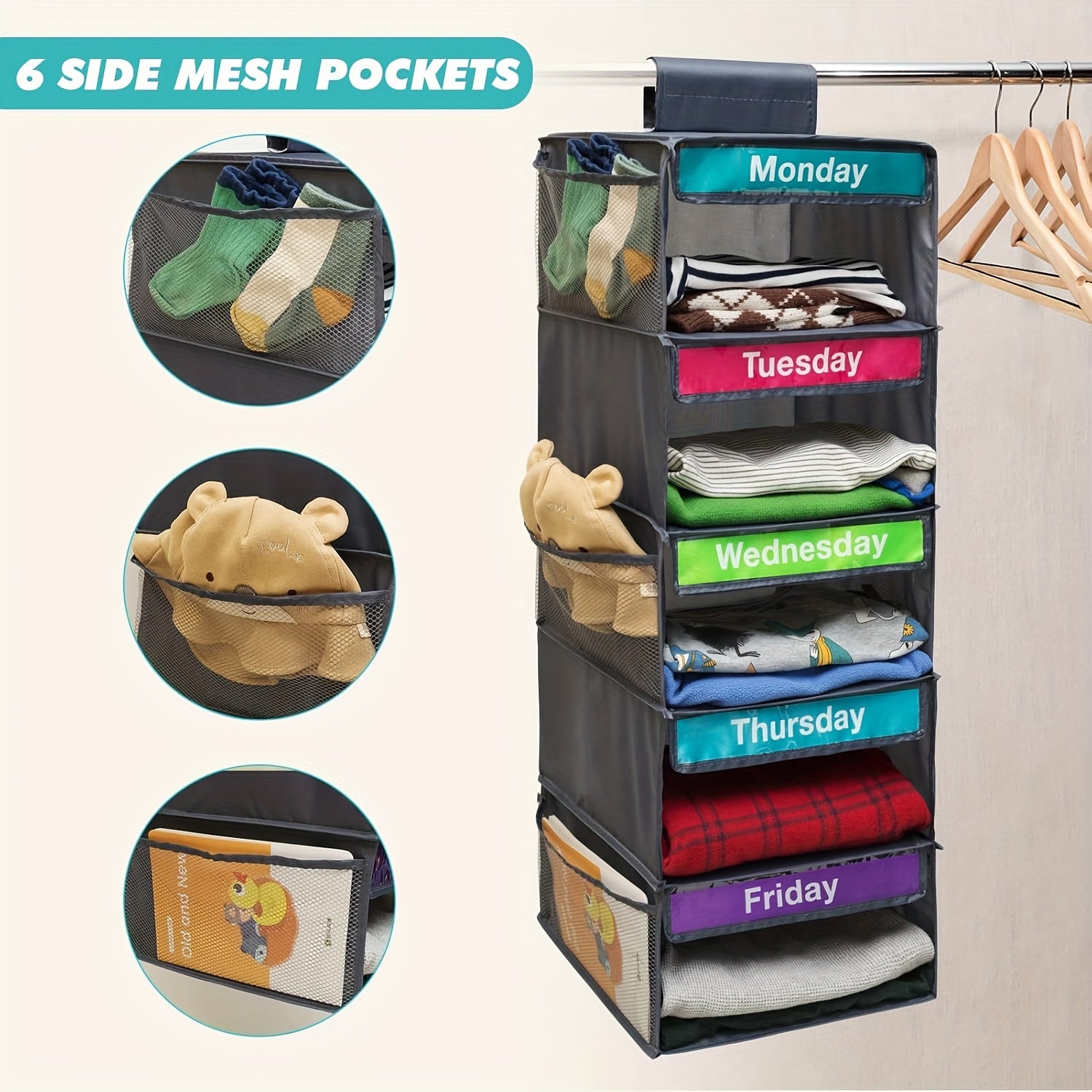 1pc 5-Tier Youngsters Clothing Organizer - Weekly Color-Coded Hanging Storage Bags With Durable Nylon Wall-Mounted Shelves For Bedroom, School Dorm, Closet - Organize Clothes, Pants, Underwear, Socks
