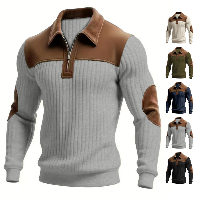 Notched-collar Patchwork Knit Top With Embroidered Zipper Hoodie