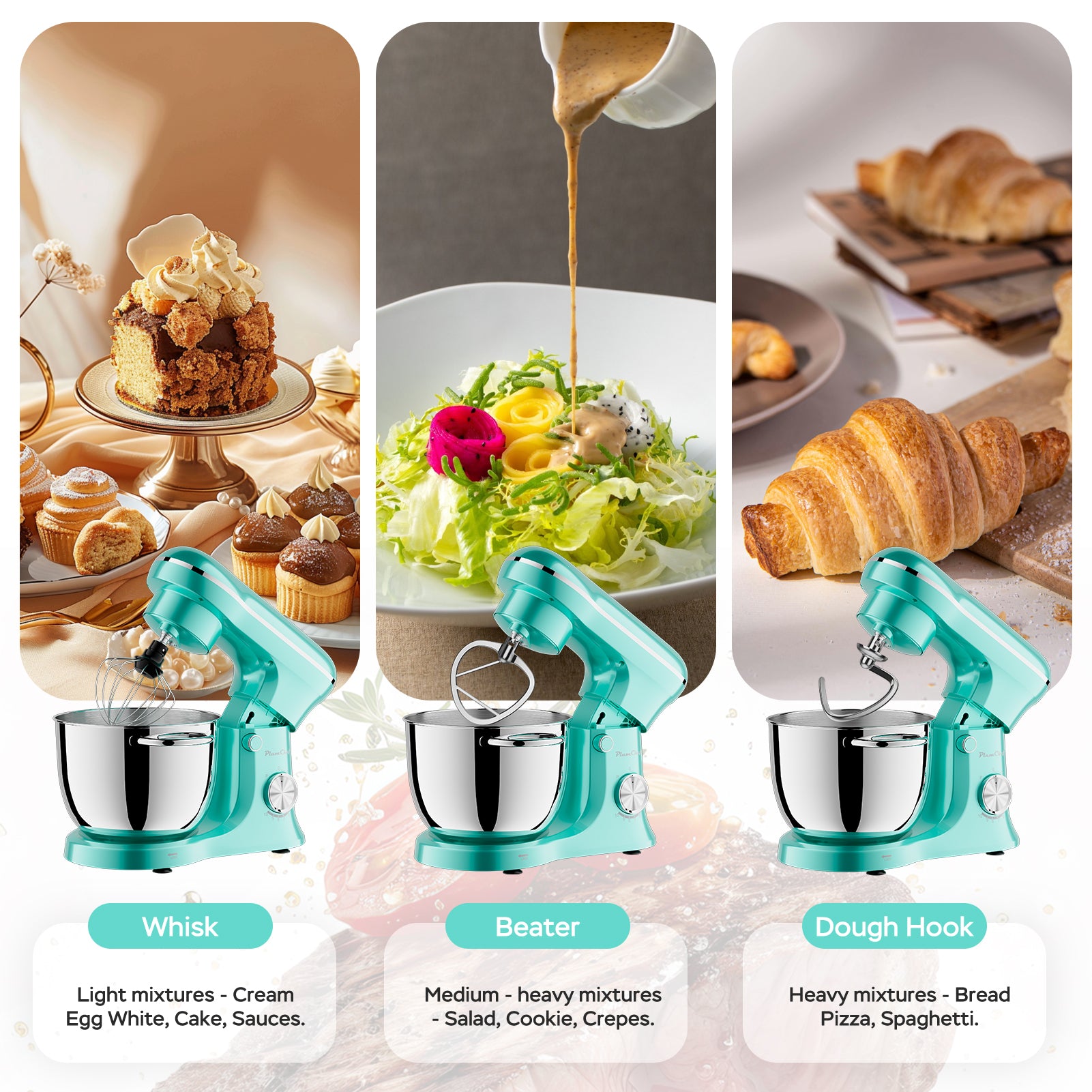 6QT & 5QT Dual Bowls Stand Mixer, 10 Speed Tilt-Head With Electronic Timer, Dough Mixer, Dishwasher Safe, Stainless Steel Bowls, Dough Hook, Flat Beater, Whisk For Baking,  Blue