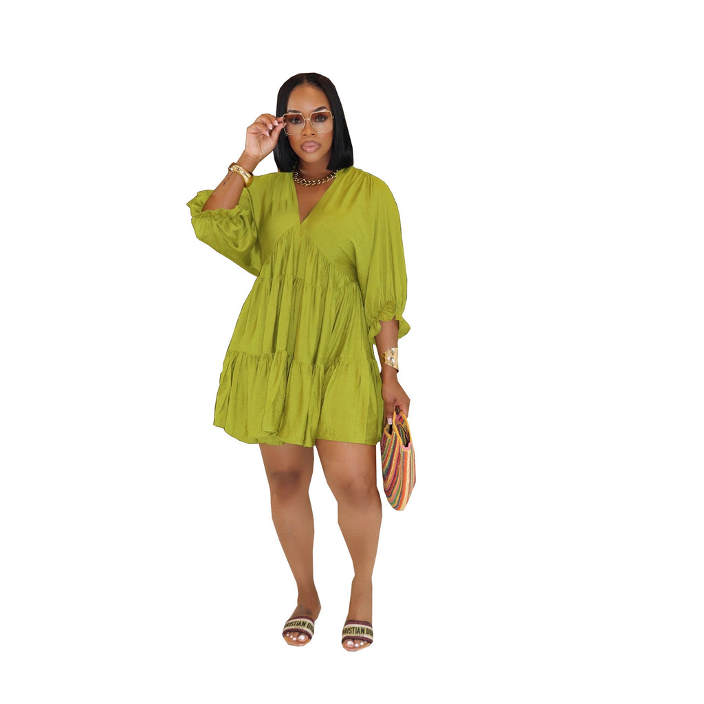 Womens Solid-Color Casual V-Neck Loose Pleated Dress