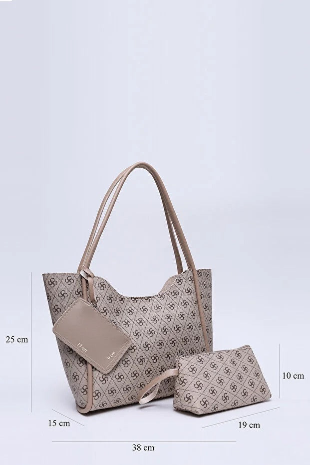 Monogram Mink SHK108 Faux Leather Women Hand And Shoulder Bag With Wallet And Makeup Bag