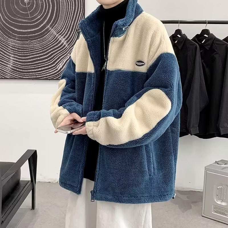 Mens Color-Block Thickened Casual Warm Cotton Padded Jacket