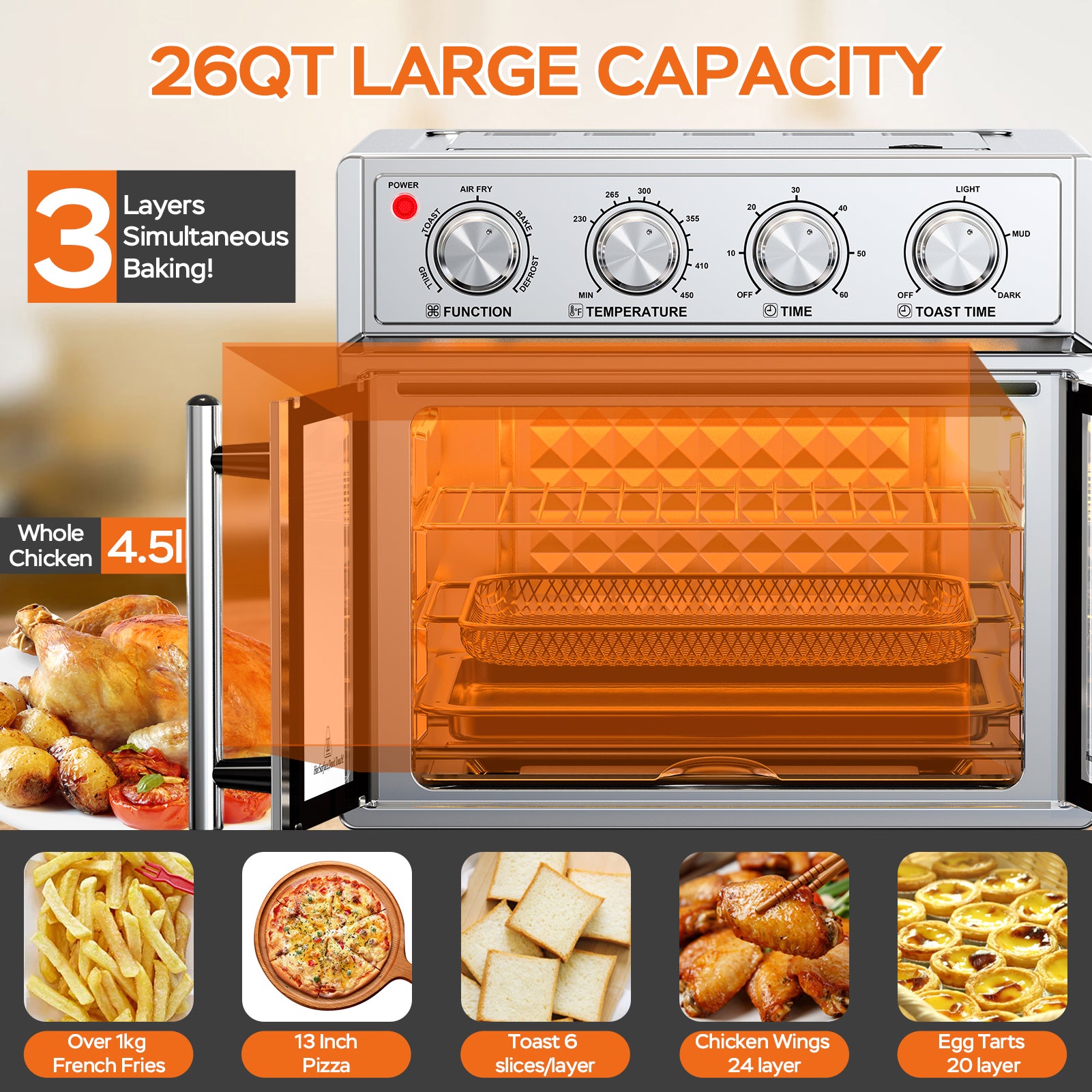 29.5 QT Air Fryer Convection Toaster Oven, French Door, 6 Slices, 1700W, Multifunction Oven, Air Fryer, Toast, Grill, Defrost, Bake, Time And Temperature Controls, Silver