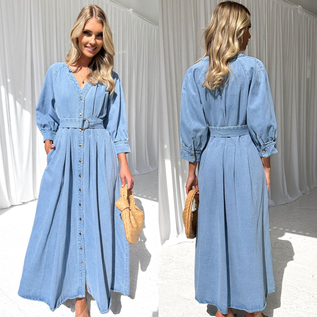 V-neck Lace-up Waist Trimming Casual Button Denim Dress
