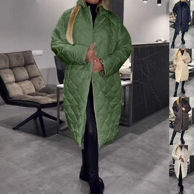 Winter Rhombus Stitching Coat Warm Solid Color Pocket Lapel Long Jacket Women's Clothing