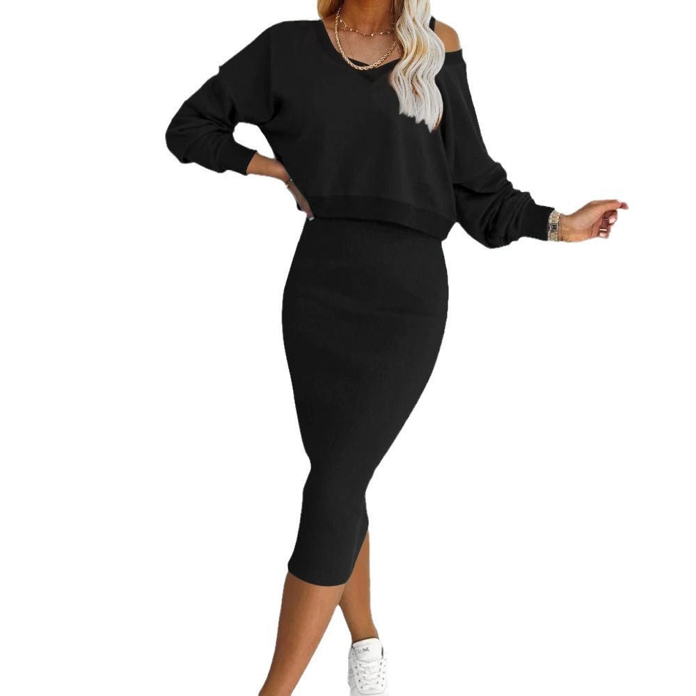 Women's Two Piece Dress Suit Fashion Long-sleeved  V-neck Pullover Sweatshirt And Sleeveless Dresses Set