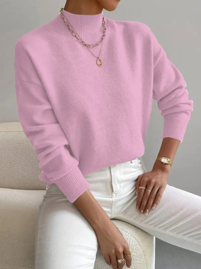 Women's Pullover Sweater Casual Solid Color Mid-high Neck Long-sleeved Knitted Tops Clothing
