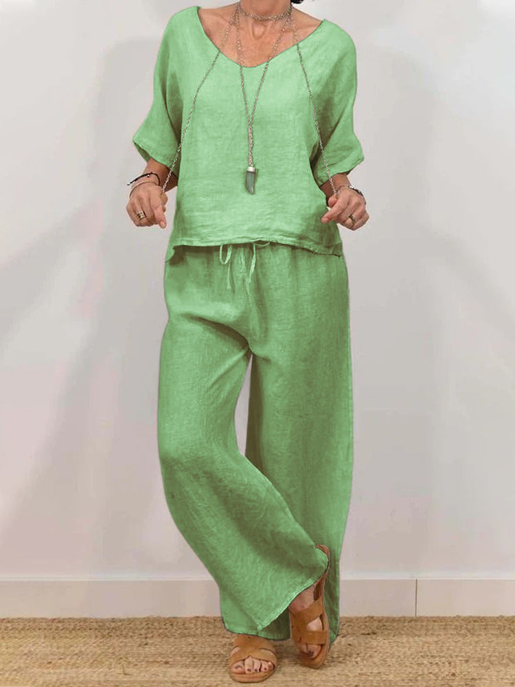 Womens Multi-Color Two-Piece Set Casual V-Neck Pullover With Three-Quarter Sleeves And Extended Pants