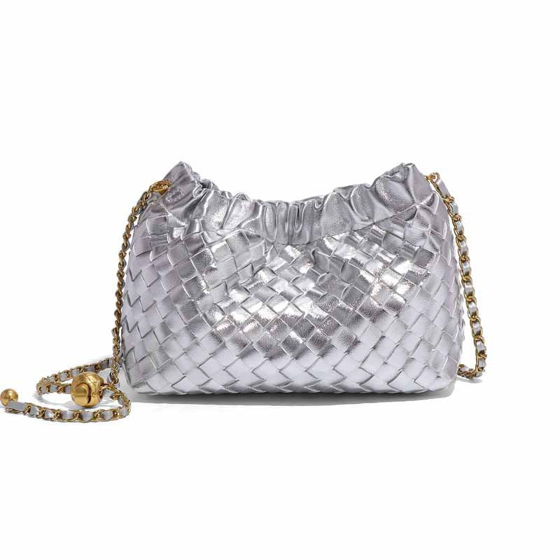 Cloud-shaped Woven Handbag With Gold Beads Chanel-style Chain And Shouldercrossbody Strap