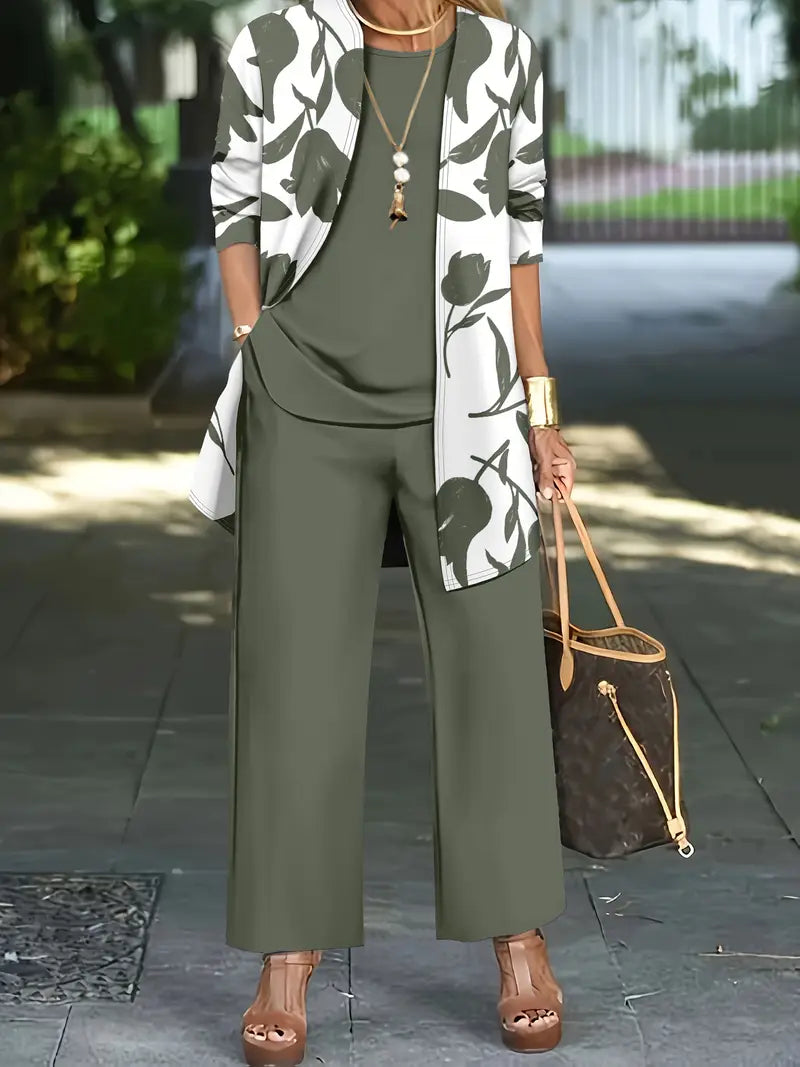 Printed Cardigan Jacket With Solid Color Inner Strap Casual Pants