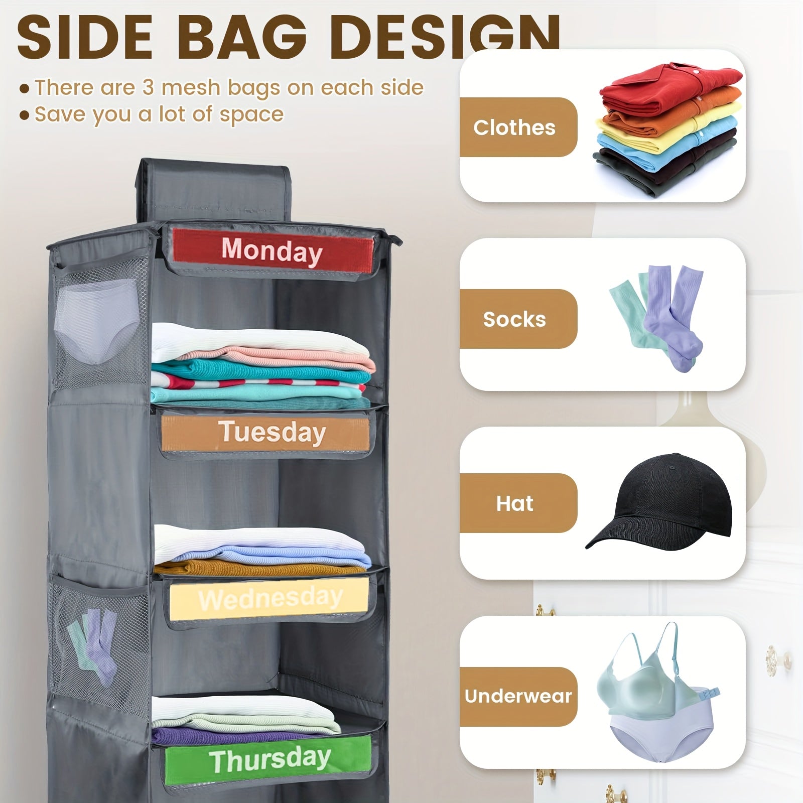 1pc 5-Tier Youngsters Clothing Organizer - Weekly Color-Coded Hanging Storage Bags With Durable Nylon Wall-Mounted Shelves For Bedroom, School Dorm, Closet - Organize Clothes, Pants, Underwear, Socks