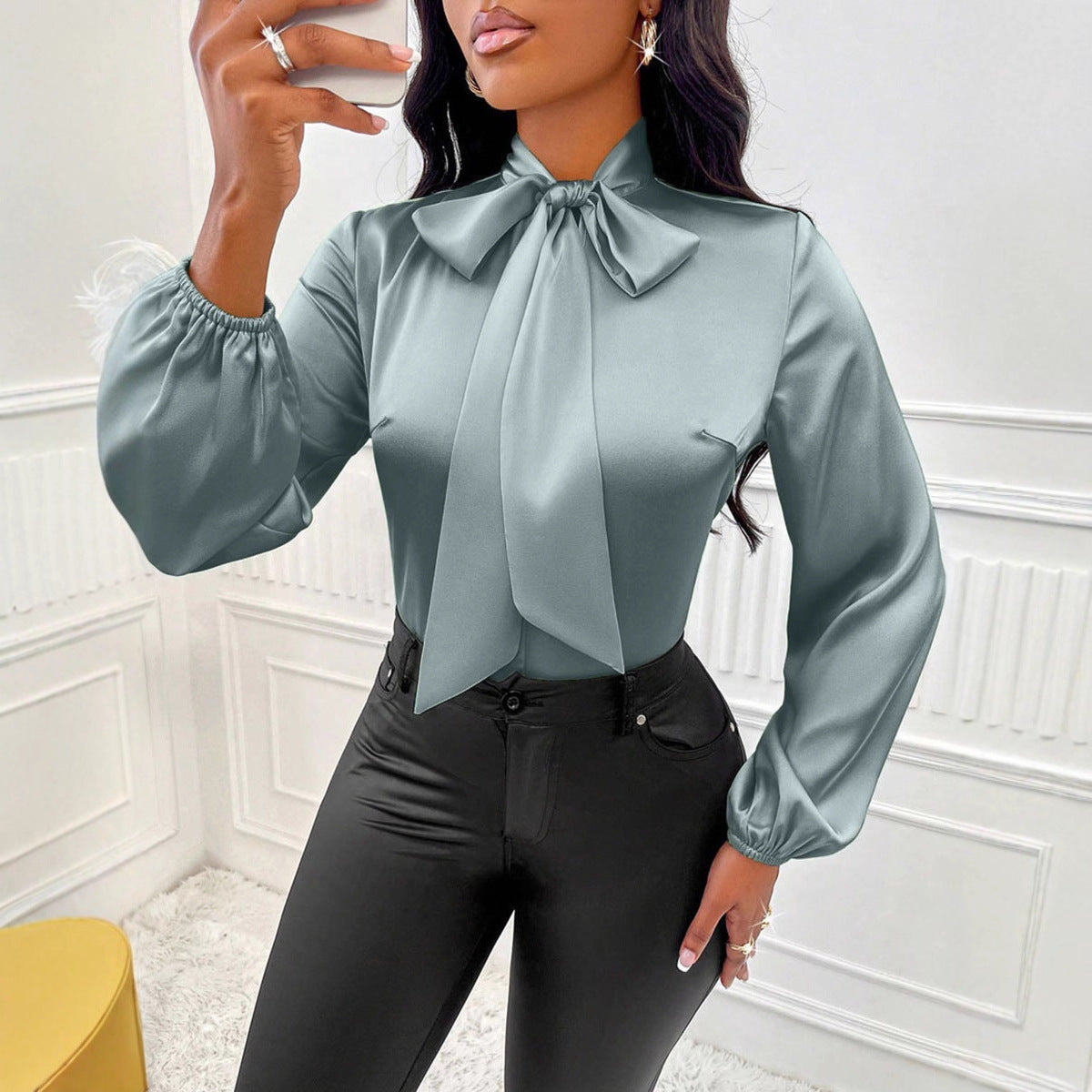Satin Shirt With Bow-tie Long Sleeves