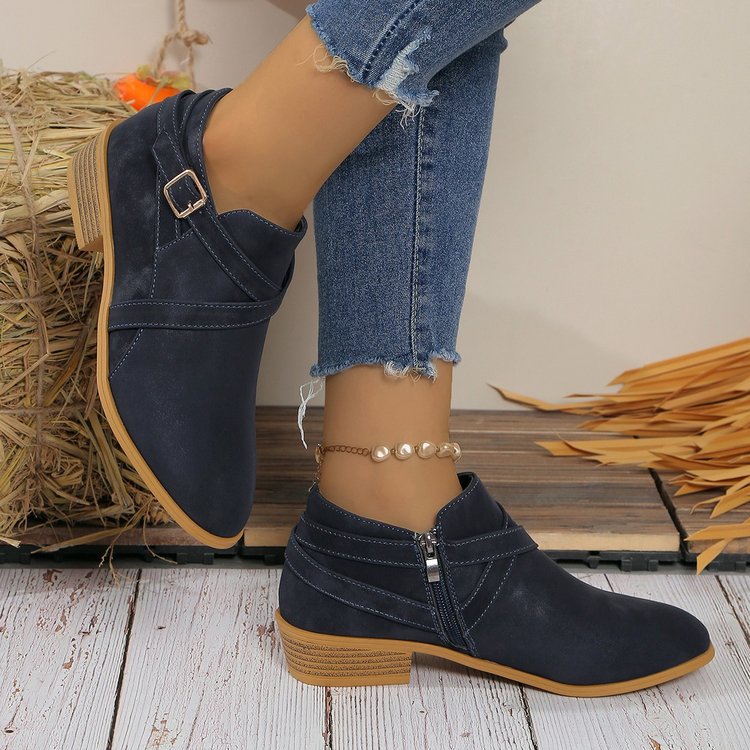 Womens Large-Size Leather Boots With Side Zipper And Cross Straps