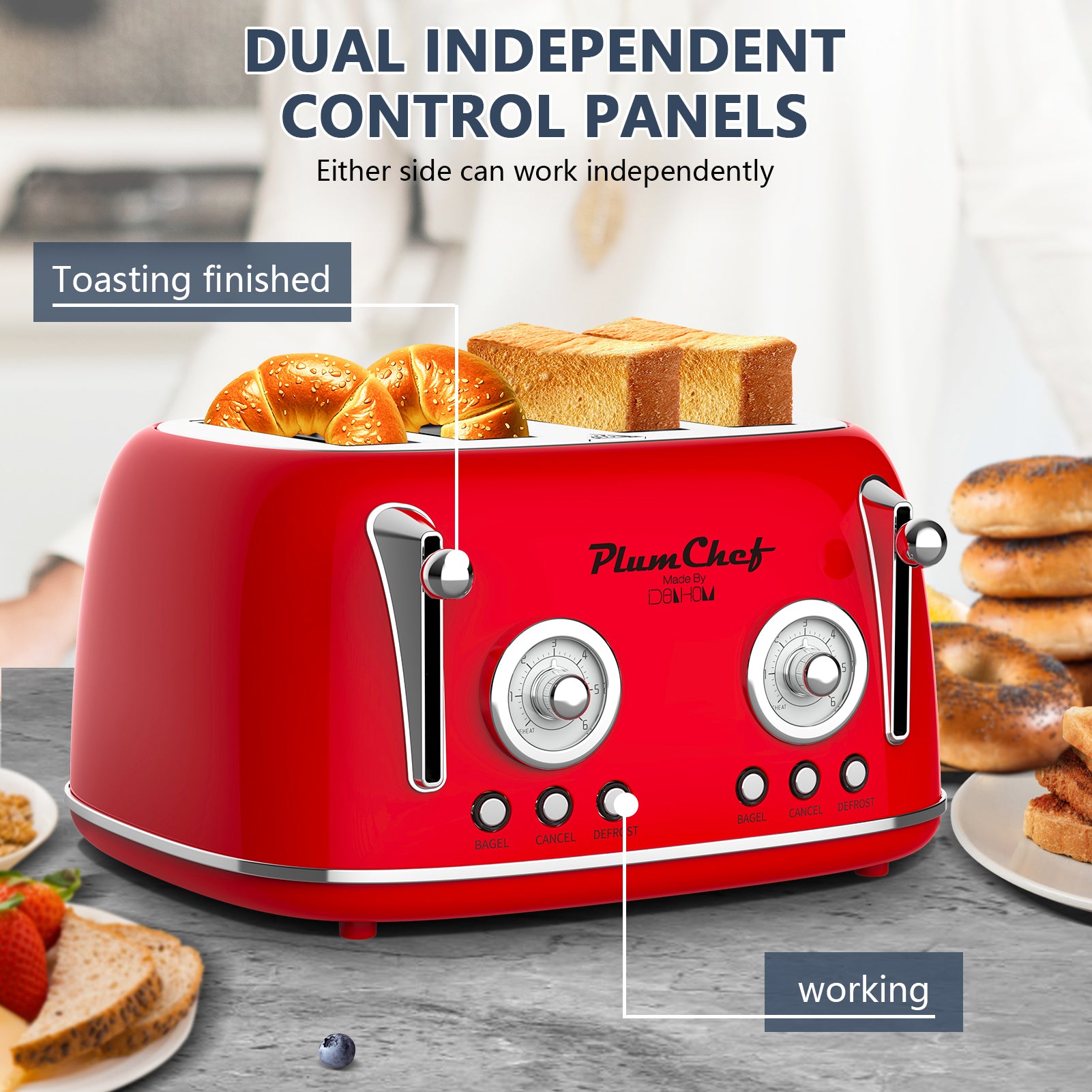 4 Slice Retro Toaster, Dual Control Toaster, 6 Settings, Bagel, Defrost, Removable Crumb Tray, Stainless Steel Housing, 1650W, Red