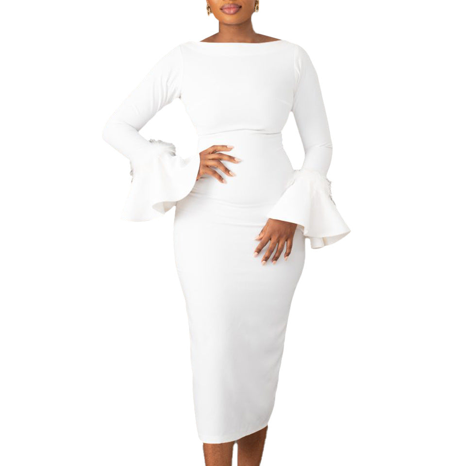 Fashion Solid Color Sheath Bell Sleeve OL African Dress