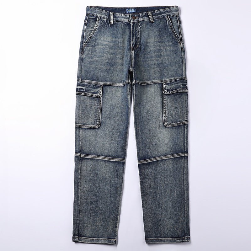 Men's Loose Straight-leg Denim Overalls With Multiple Pockets And Patchwork Design
