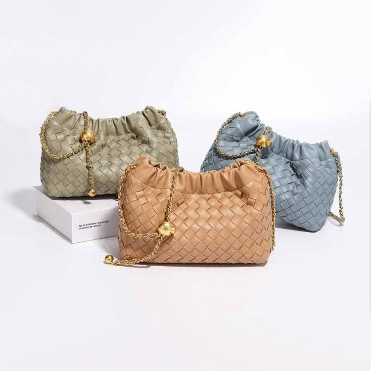 Cloud-shaped Woven Handbag With Gold Beads Chanel-style Chain And Shouldercrossbody Strap